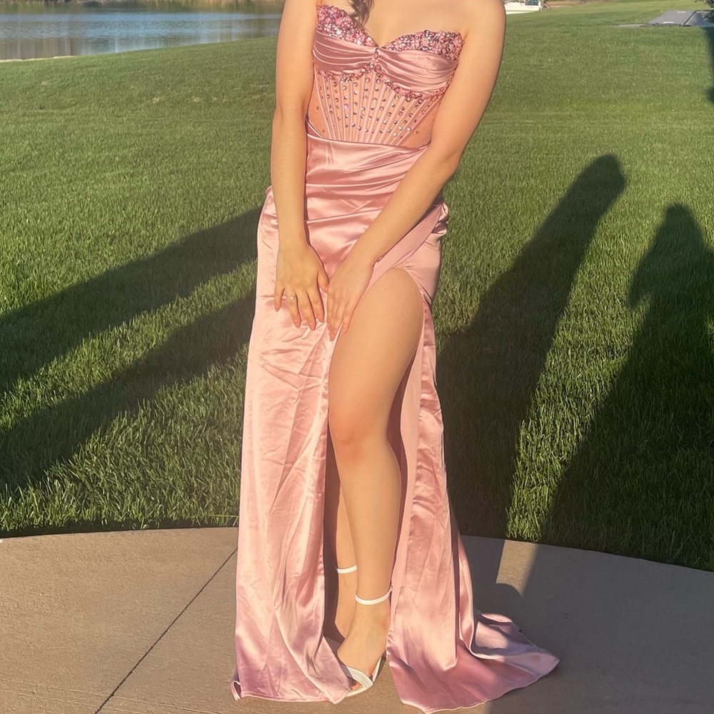 GB Rose Gold Strapless Prom Dress